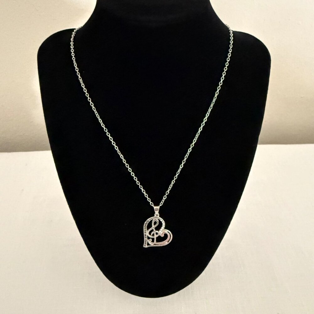 Music Heart Necklace Treble Clef Pendant Silver Tone and Rose Valentine Gift - Picture 2 of 10